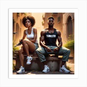 Man And Woman Sitting On A Bench Art Print