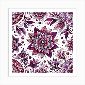 Batik, Purple And Red Floral Pattern 2 Art Print