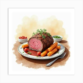 Watercolor Portrayal Of A Savory And Hearty Beef Pot Roast On A Stylish Kitchen Table Art Print