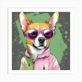 Beguiling Watercolor Painting, Watercolor Texture, A Dog Wearing Sunglasses And A T Shirt, In The St (1) Art Print