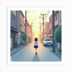 Japanese Schoolgirl Walking Through A Quiet City Street At Dawn, Soft Pastel Colors, Watercolor Art Art Print