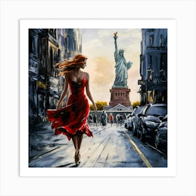 Oil Painting Woman with Statue of Liberty Art Print