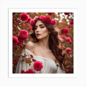 Beautiful Woman With Red Roses Art Print