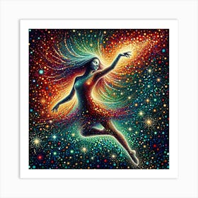 "Stardust Rhapsody: Cosmic Dance" - This luminous piece captures the essence of the universe's boundless energy through the form of a celestial dancer. Her body, composed of a constellation of vibrant points, seems to merge with the starry expanse, symbolizing the interconnectedness of all things. The artwork is a riot of color, with splashes of orange, blue, and green across a canvas of infinite darkness, representing the dance of creation itself. It's perfect for those who seek to bring the wonder of the cosmos into their home, offering a daily reminder of the beauty that lies beyond our world. This piece is a visual symphony that celebrates the joy of existence and the unending dance of the stars. Art Print