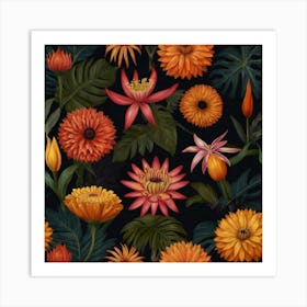 Seamless Pattern With Orange Flowers Art Print