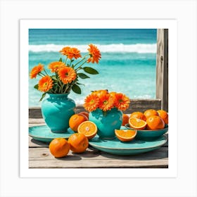 Blue Vase And Oranges Art Print