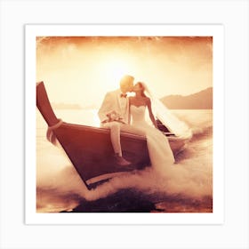 Wedding Couple On A Boat Art Print