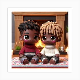 Happy Couple In Front Of Fireplace Art Print