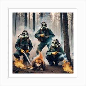 Firefighter And Dog In The Forest Art Print