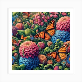 Colourful Butterfly Art with Flowers II Art Print