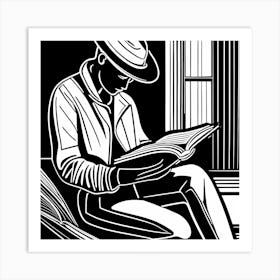 Reading A Book Linocut Black And White Painting, 316 Art Print