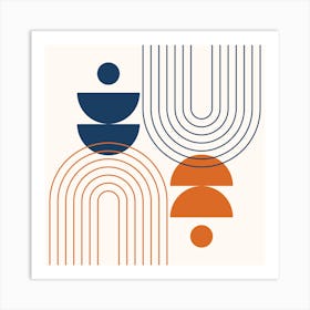 Modern Mid Century Sun, Moon Phases and Rainbow Abstract 24 in Navy Blue and Burnt Orange Art Print