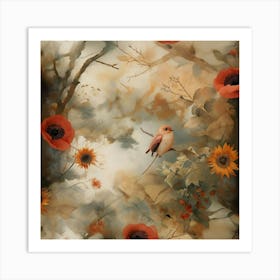 Ethereal Floral Pattern With Birds And Warm Earthy Tones Art Print