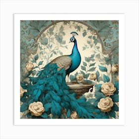 Turquoise Peacock Vintage Wallpaper With Leaves Art Print 3 Art Print