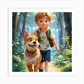 a smiling boy, holding his faithful friend, Bolt, the dog, as they walk through the forest together. Art Print