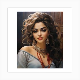 Woman 2. Brown curly hair 3. White blouse 4. Gold necklace 5. Serious expression 6. Dark background. . beautiful woman with long, curly brown hair, wearing a white blouse and a gold necklace. She has a serious expression on her face and is standing in front of a dark background. Art Print