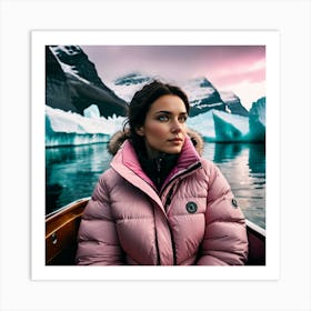 Woman in down jacket riding a boat, polar region, iceberg Art Print