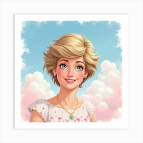 Princess Diana Smiling With Soft Blue And Pink Watercolor Clouds Art Print