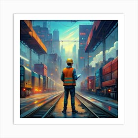 Worker With Tablet Looking At Train Tracks In Futuristic City Art Print