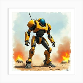 Mech Warrior In A Futuristic Wasteland With Explosions, Watercolor Scene 1 Art Print