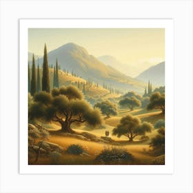 A Serene Landscape With Olive Trees And Rolling Hills (2) Art Print