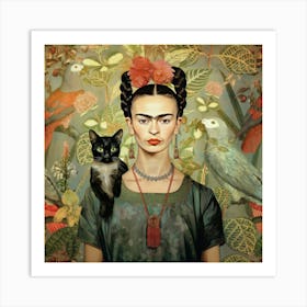 Frida Kahlo Selbstportrait mit Papagei und Katze, Florale Blumen Malerei Art Print