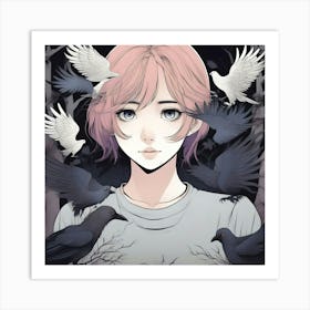 Manga Girl With Birds Art Print