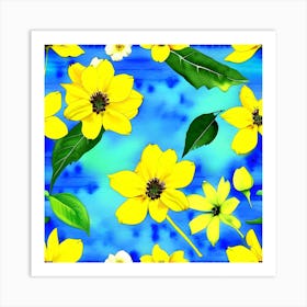 Yellow Flowers On Blue Background 2 Art Print