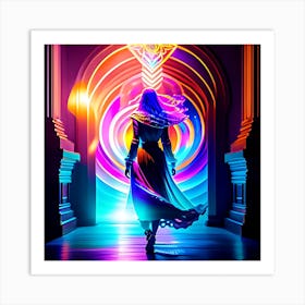 Woman Walking Through A Colorful Tunnel Art Print