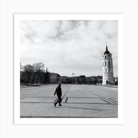 Black And White Photo Of A Man Walking Art Print