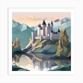 Low Poly Castle Watercolor Landscape Art Print