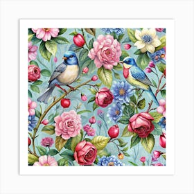 Watercolor Seamless Pattern With Flowers And Birds Art Print