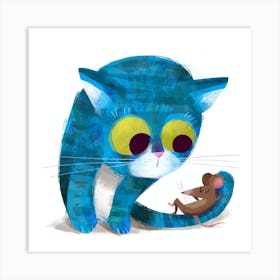 Blue Cat And Mouse Art Print