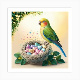 Bird In Nest With Hearts Art Print