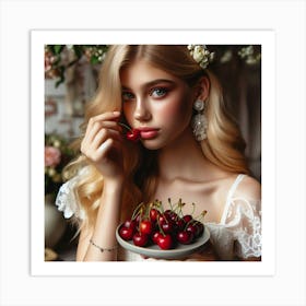 Beautiful Young Woman With Cherries Art Print