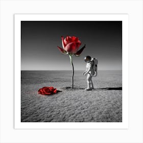 Astronaut In Space With A Rose Art Print