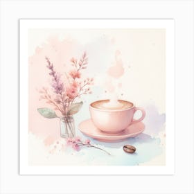 Watercolor Coffee Cup With Flowers Art Print