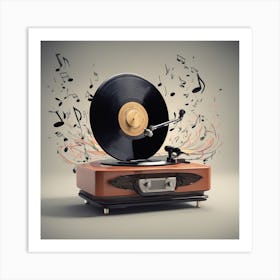 A Vintage Style Record Player With Vinyl Records Spinning And Musical Notes Floating In The Air Art Print