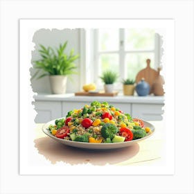 Watercolor Painting Of A Fresh And Vibrant Mediterranean Quinoa Salad On A Modern Kitchen Table Art Print