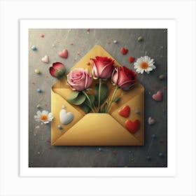 An open red and yellow letter envelope with flowers inside and little hearts outside 4 Art Print