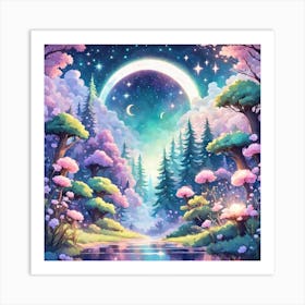 A Fantasy Forest With Twinkling Stars In Pastel Tone Square Composition 247 Art Print