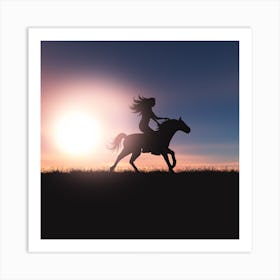 Silhouette Of A Woman Riding A Horse Art Print