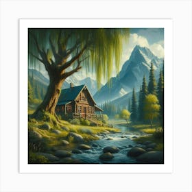 Cabin By The Giant Weeping Willow Early Spring Art Print