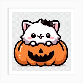 Halloween Cat In Pumpkin Cute Kawaii Cartoon Anime Kitty Art Print