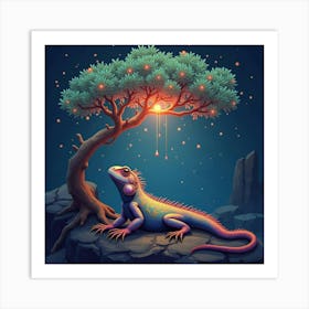 A Dreamy Iguana With Iridescent Scales Basking Under A Magical, Glowing Tree 1 Art Print