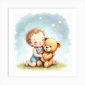 Watercolor Baby Holding A Teddy Bear Under A Starry Sky With Soft Colors Art Print