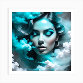 Woman Covered In Cyan Clouds Art Print