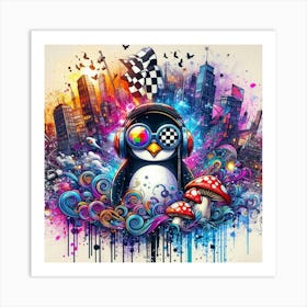 Penguin In Headphones Art Print