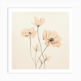 Three Flowers On A Beige Background Art Print