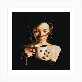 A Delicate Minimalist Portrait Of A Woman Holding A CUP OF COFFE Art Print